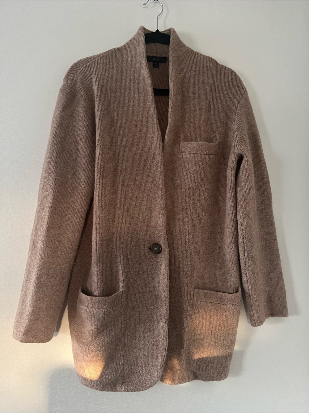 J Crew Tan Brown Wool Blend Long Cardigan Sweater Small Cozy Quiet Luxury
